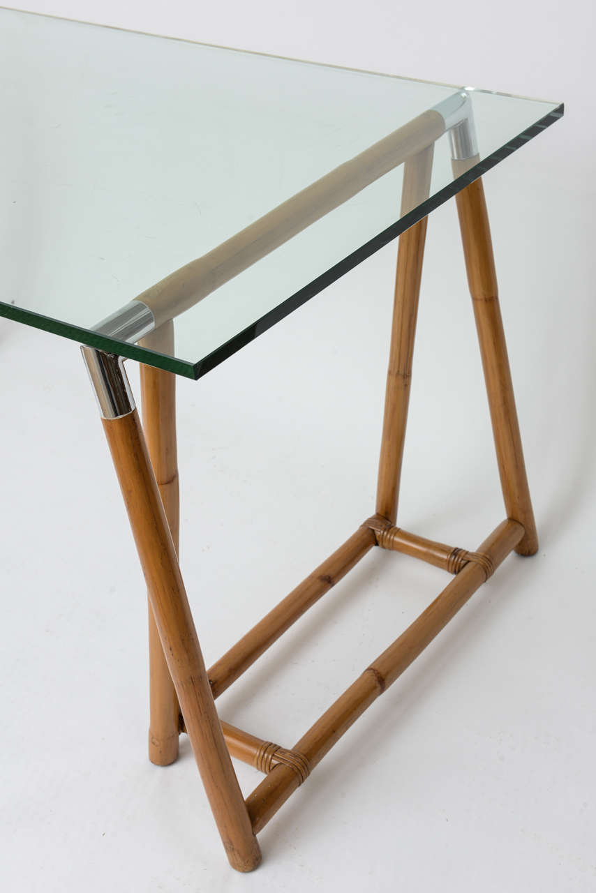 Bamboo Trestle Table with Glass Top and Chrome Detail 1