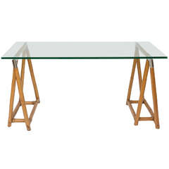 Bamboo Trestle Table with Glass Top and Chrome Detail