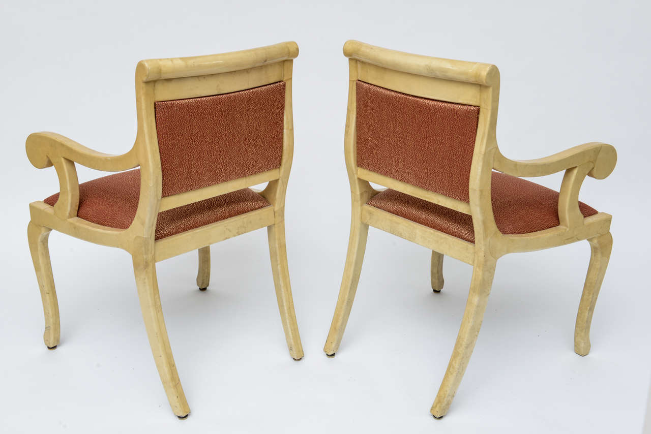 Pair- Art Deco Goatskin Armchairs Aldo Tura Style Fabric Upholstery Italy 1960  In Good Condition For Sale In Miami, FL
