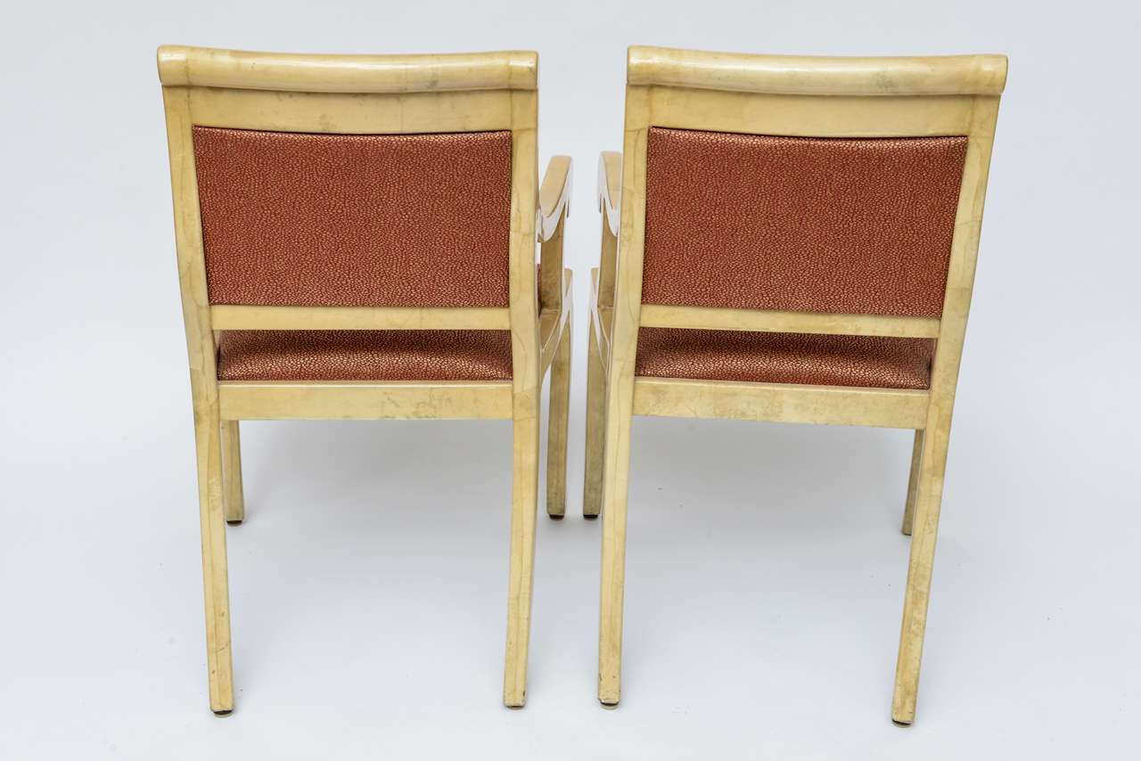Mid-20th Century Pair- Art Deco Goatskin Armchairs Aldo Tura Style Fabric Upholstery Italy 1960  For Sale