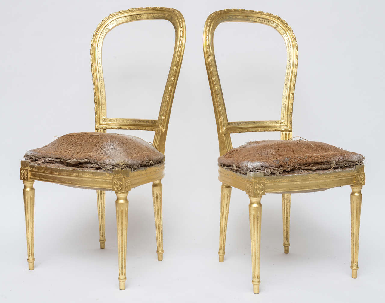 French Pair of Antique Louis XVI Style Gilded Unfinished Chairs