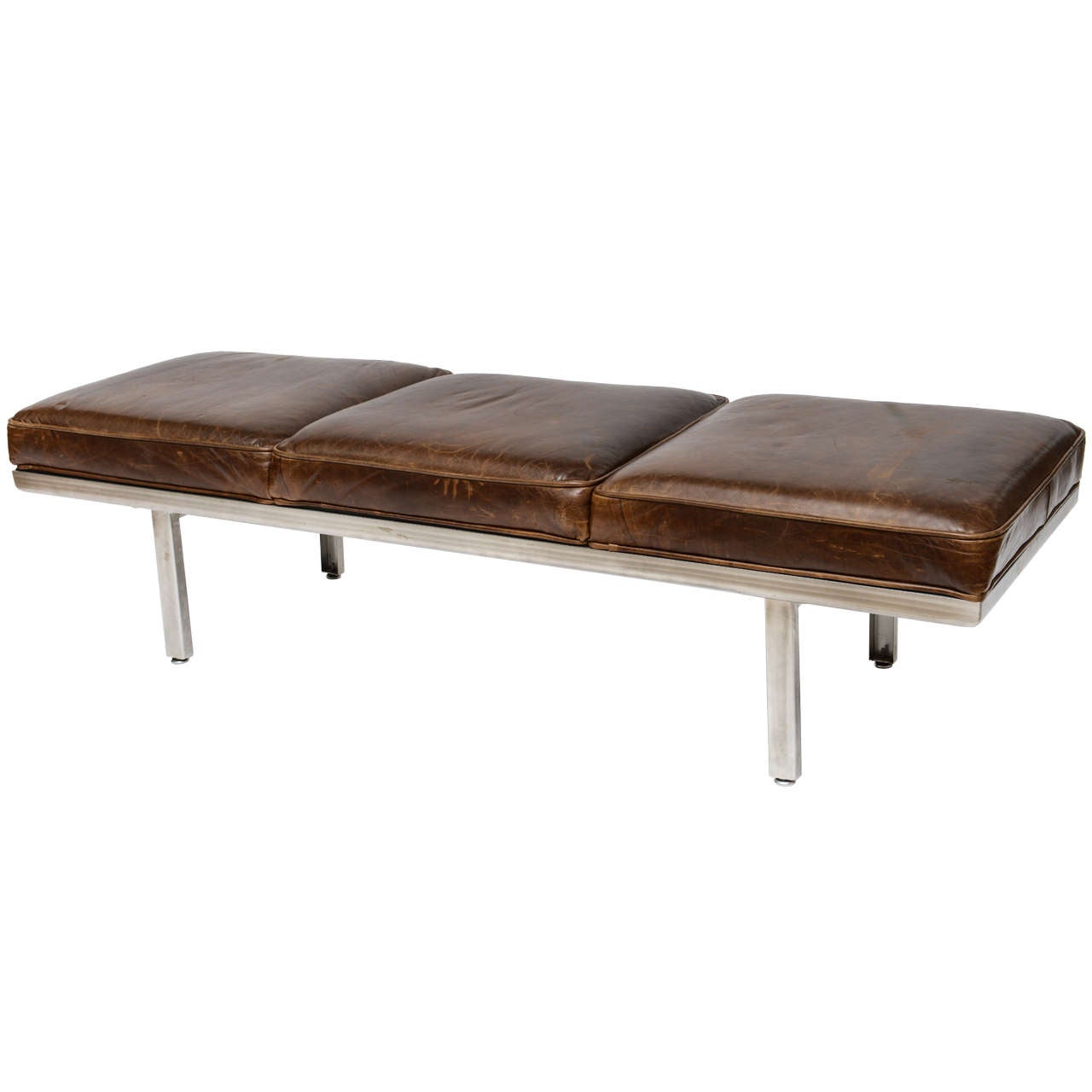 Nelson Steel Bench with Distressed Leather Seating at 1stDibs