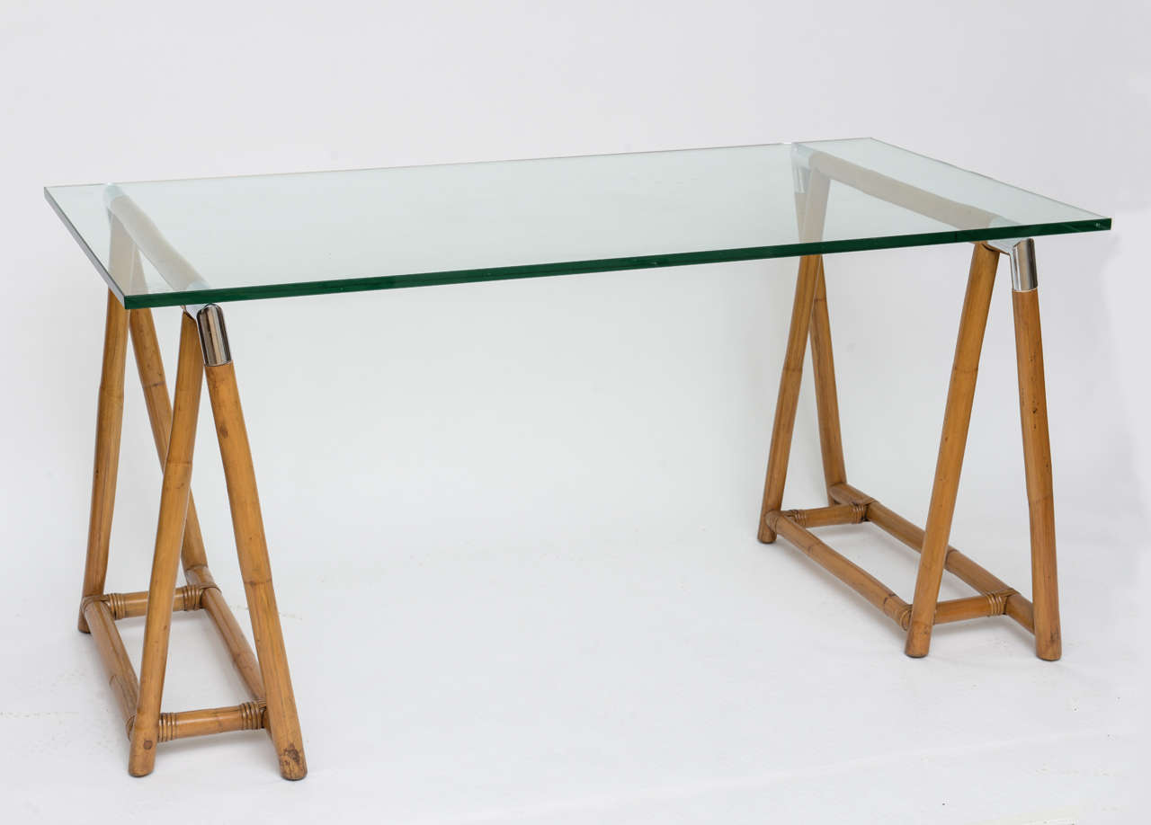 Bamboo Trestle Table with Glass Top and Chrome Detail at 1stDibs
