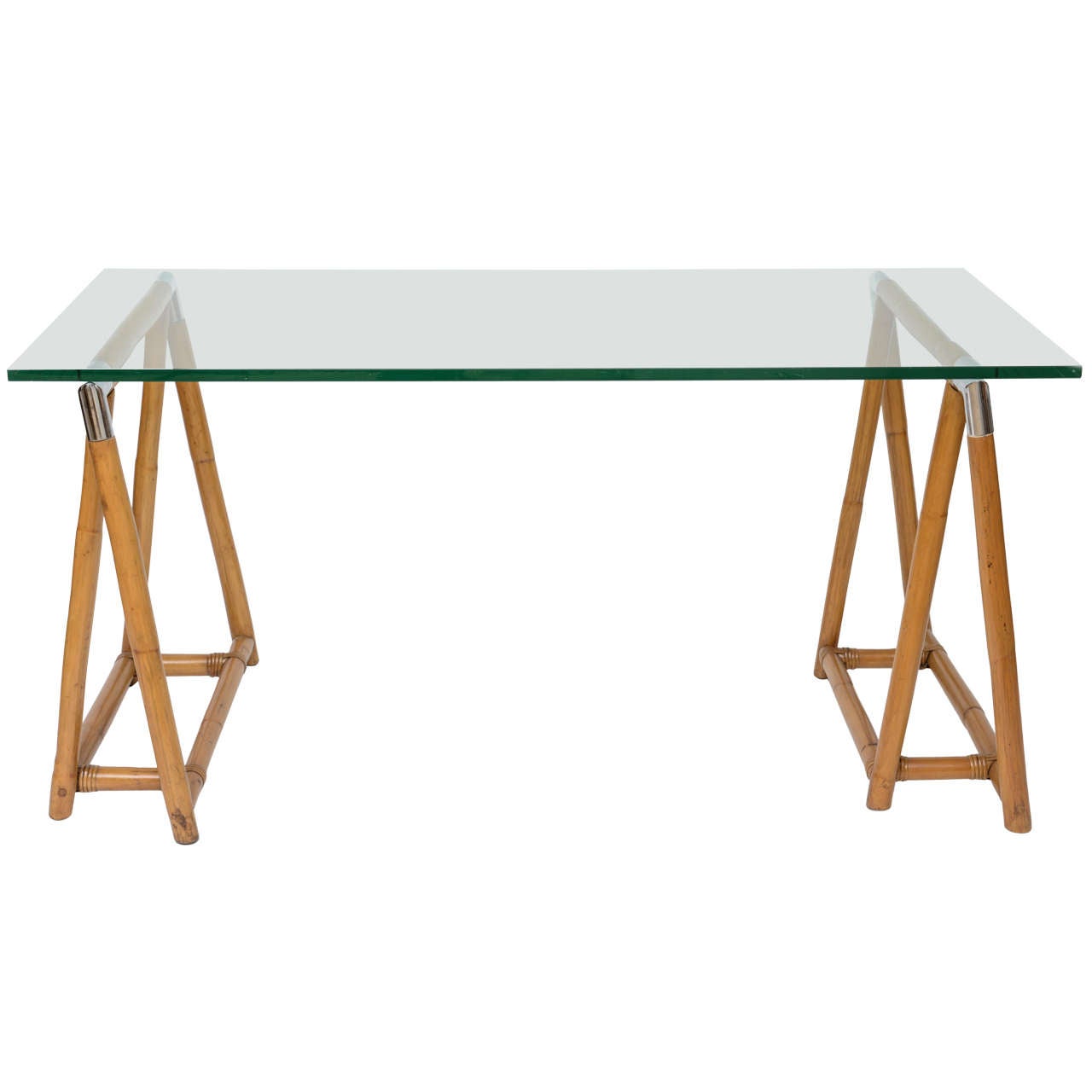 Bamboo Trestle Table with Glass Top and Chrome Detail at 1stDibs