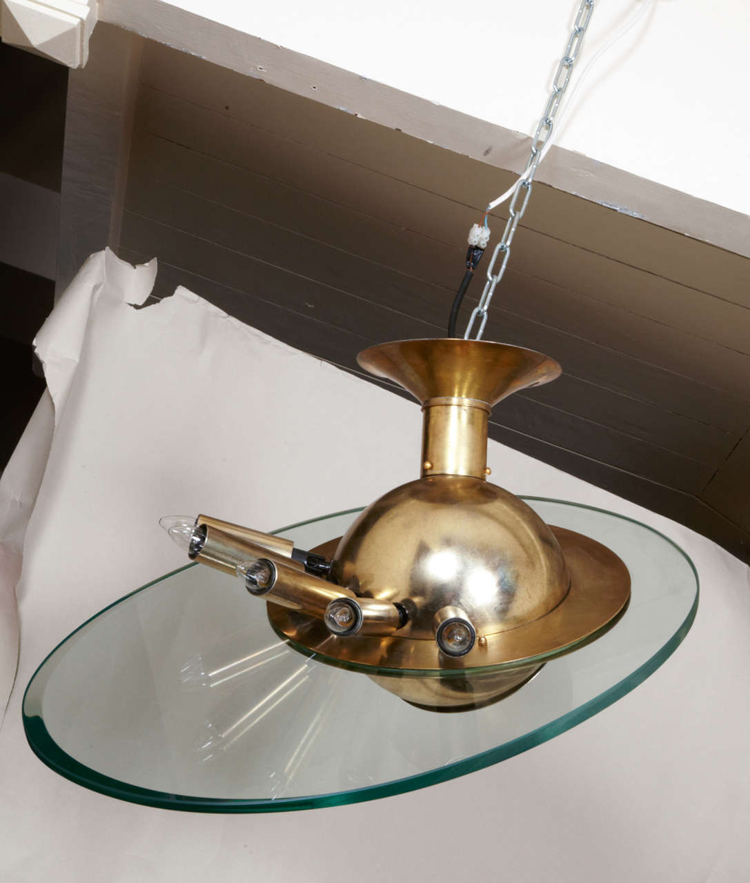 Oval asymmetrical gilt brass and thick glass chandelier by Fontana Arte, Italy, 1960
