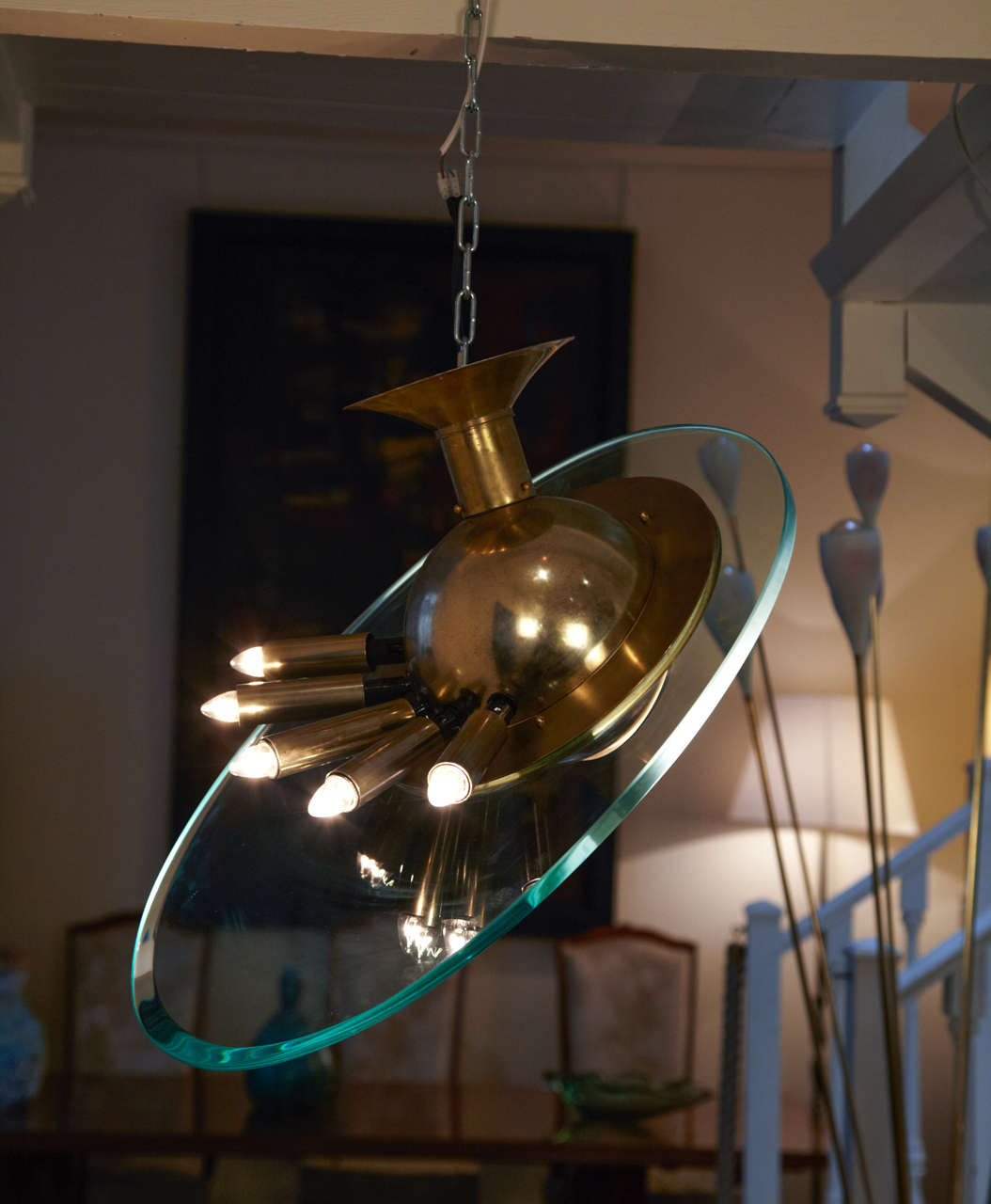 Gilt Brass and Glass Ceiling Chandelier by Fontana Arte, Italy, 1960's. In Good Condition For Sale In Paris, FR