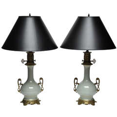 Pair Celadon Paris Porcelain Oil Lamps