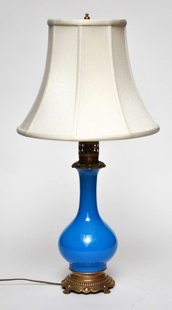 French Blue Opaline Oil Lamp, Circa 1870