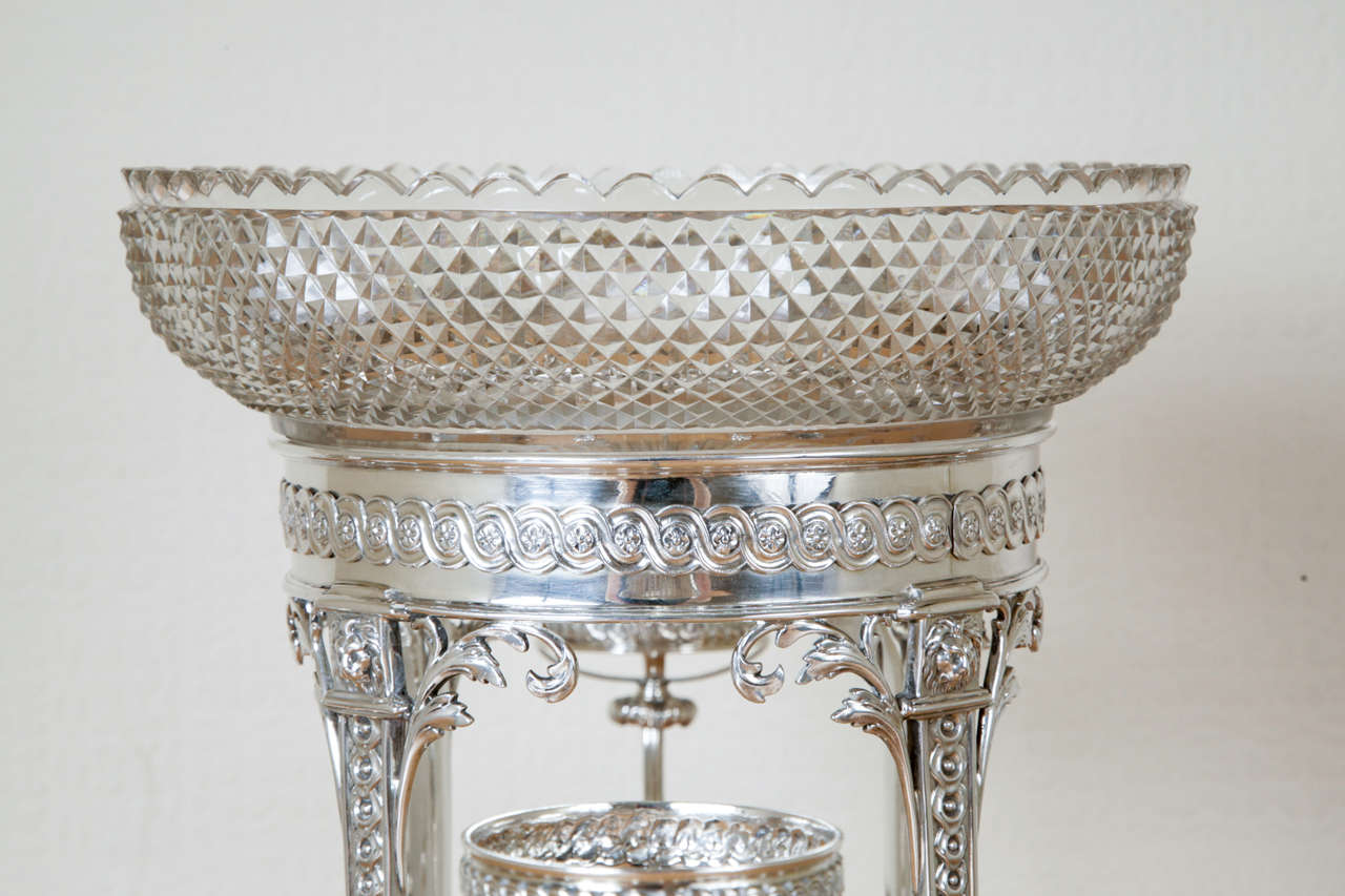An Antique Sterling Silver and Glass George III Epergne, made by the famous silversmith and innovator, Matthew Boulton, in Birmingham 1804/5. Each piece of the epergne is original and individually hallmarked. Mathew Boulton, 1728 - 1809, was so