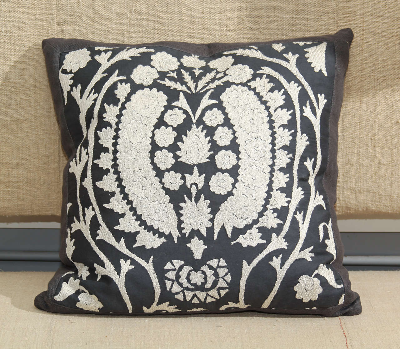 beautiful suzani work backed in matching charcoal linen, down insert.   1pillow
available, priced individually