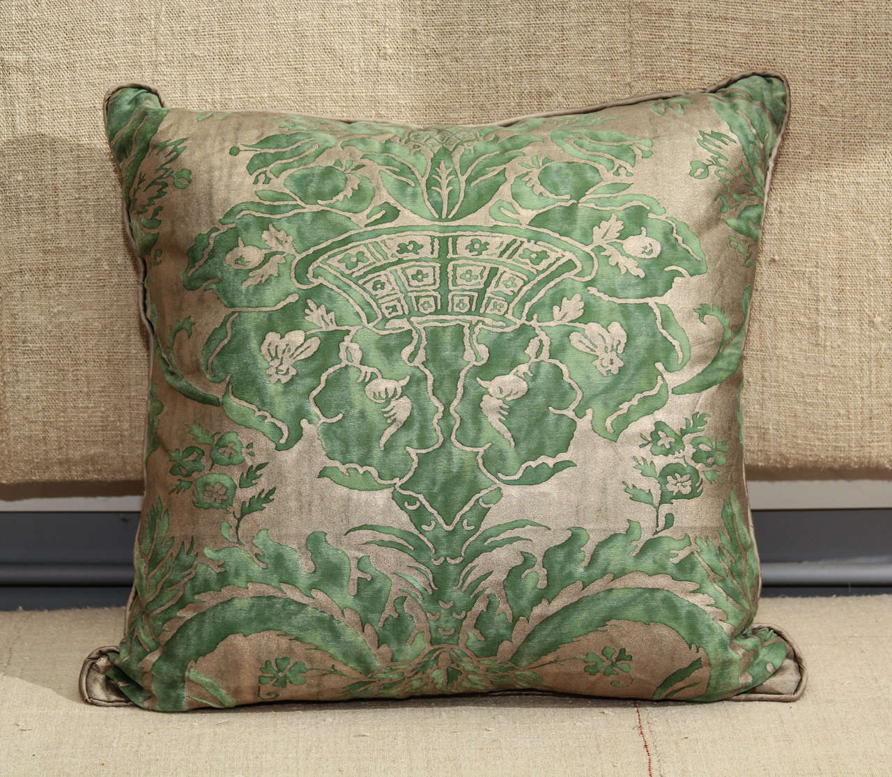 20 x 20 large scale pattern green Fortuny , down filled                
1 pillow available