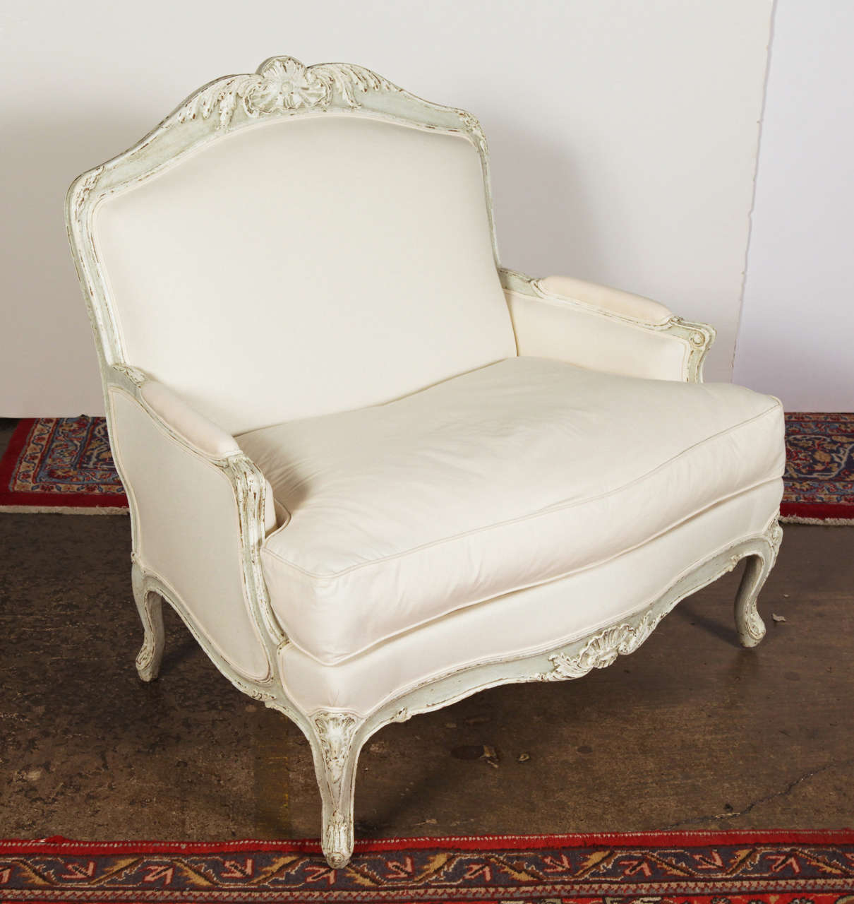 Pair of Large 19th Century French Louis XV Carved Painted Armchairs  3