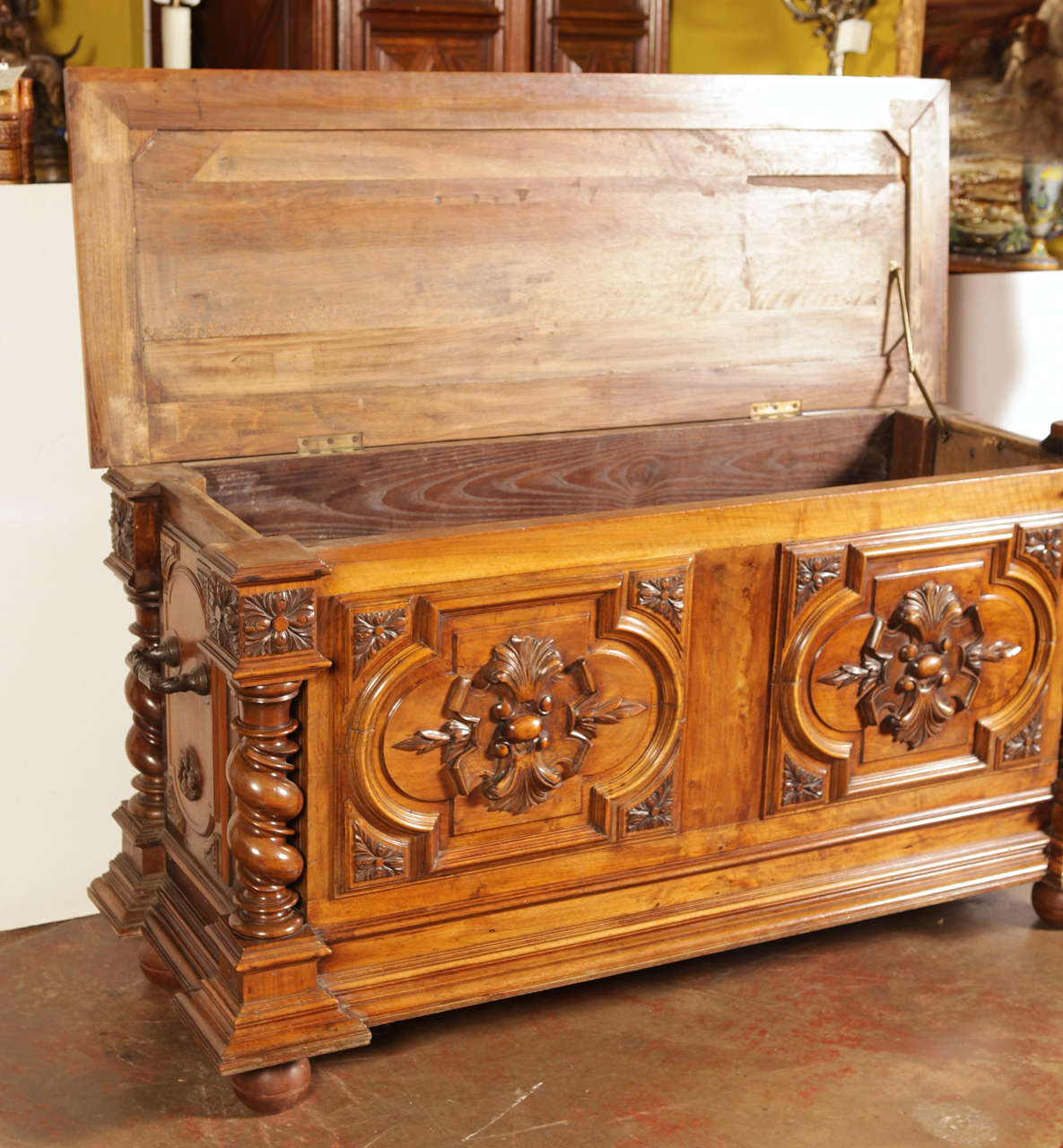 Antique French Carved Walnut Trunk Blanket Chest In Excellent Condition In Dallas, TX