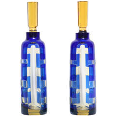 Geometric Blue Cut To Clear Glass Bottles with Amber Stoppers