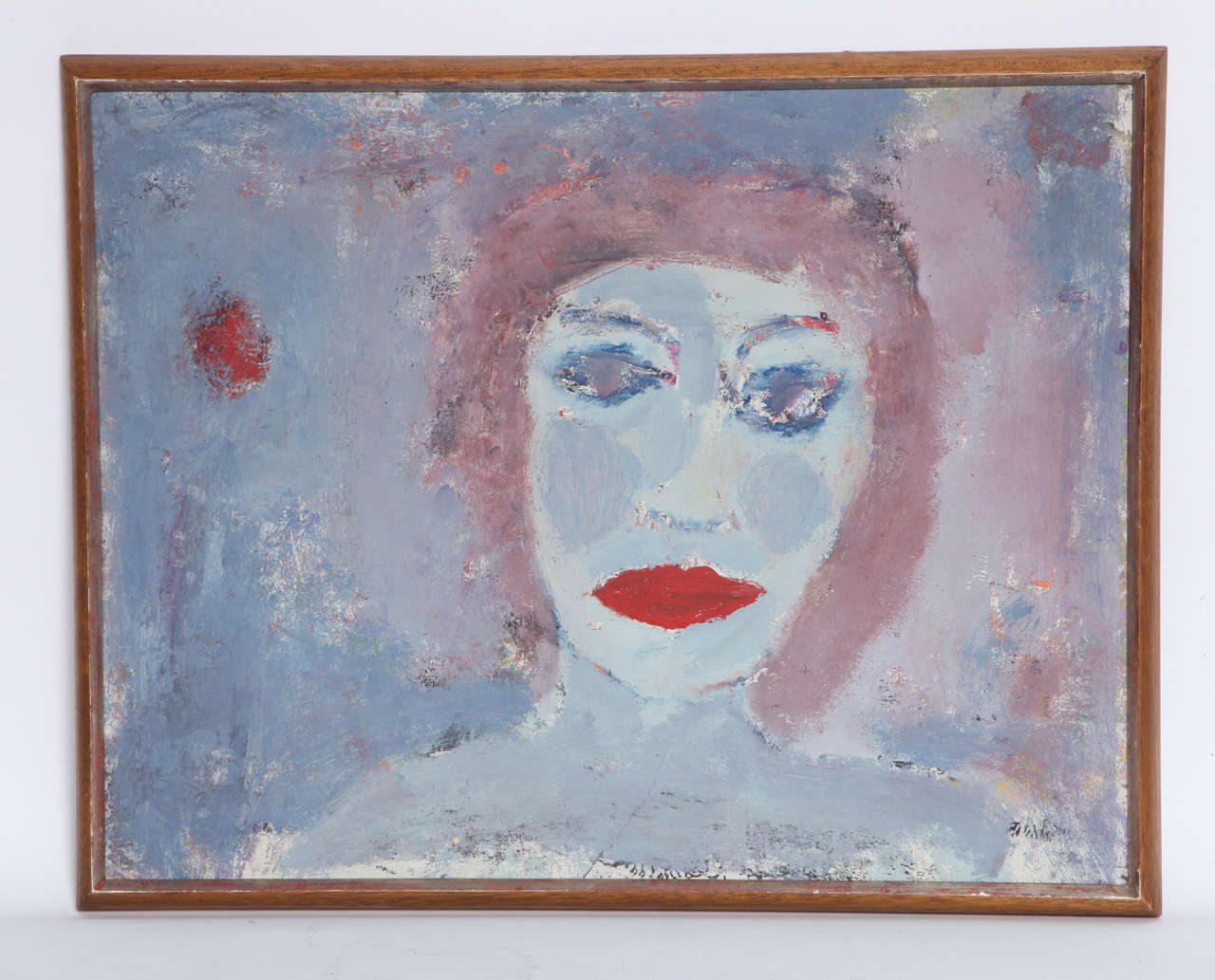 A wonderful painting by outsider artist of woman with Red Lips oil stick and paint on board