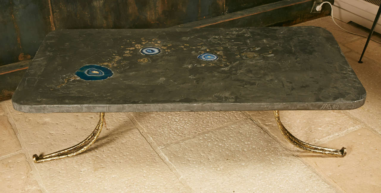 1982 gilded brass and metal, resin and agate coffee table with AM monogram.
