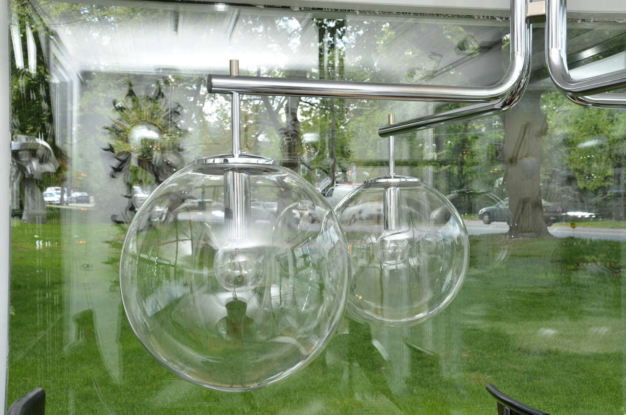 Italian Tubular Chrome Chandelier with Four Large Glass Globes
