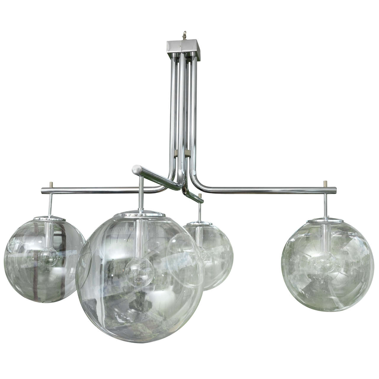 Tubular Chrome Chandelier with Four Large Glass Globes