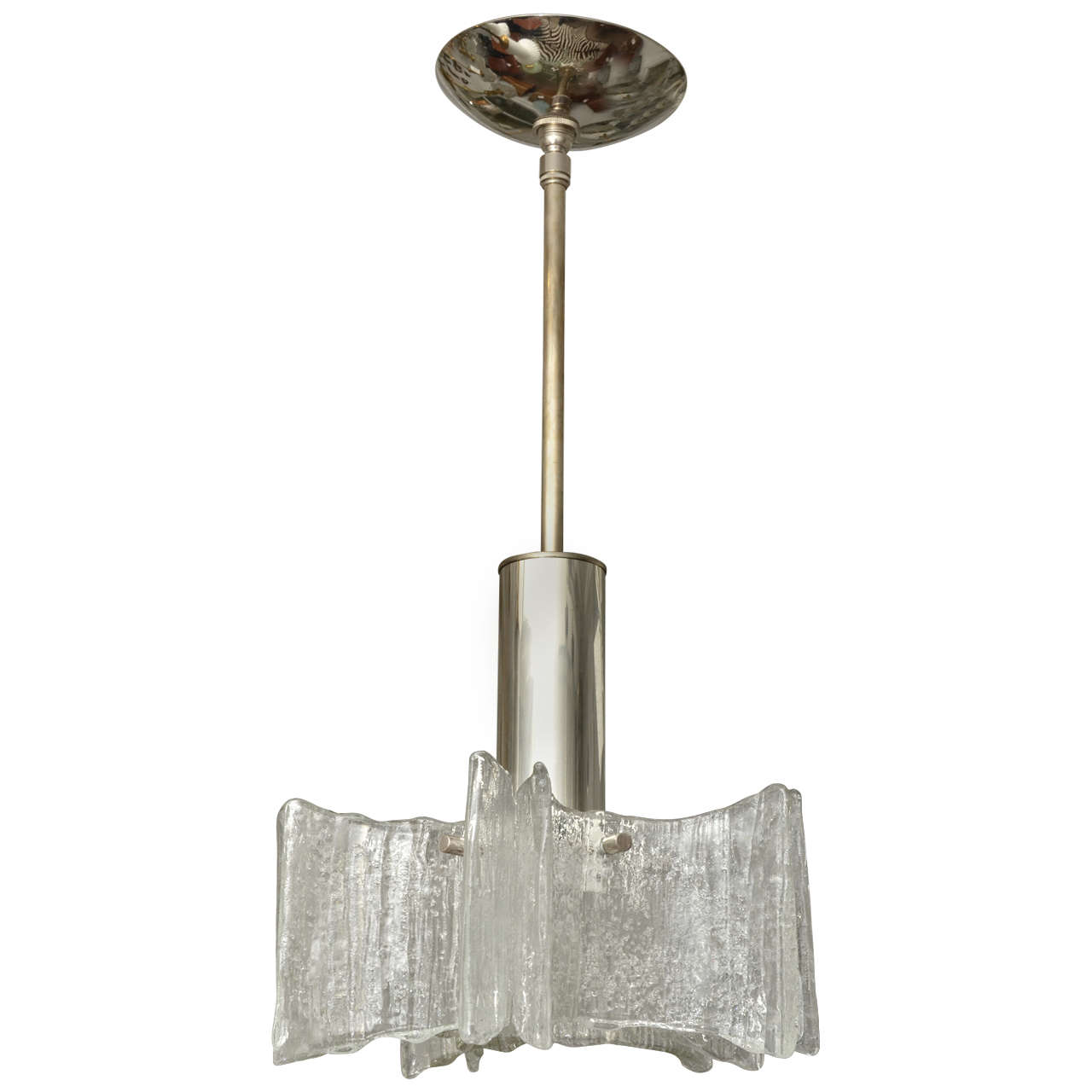 Clear Murano Glass Curved Element Pendant Fixture with Nickel Hardware For Sale