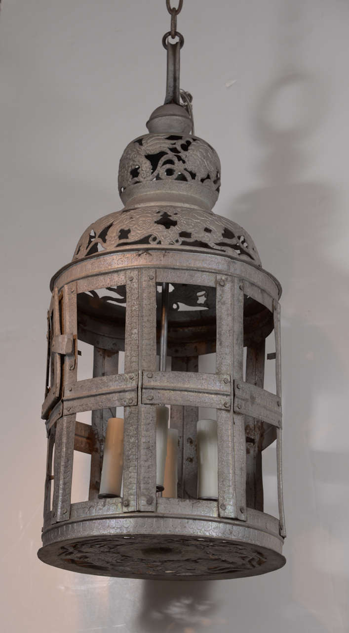 Late 19th/early 20th c. Pierced Metal lantern with asian motif recently rewired.