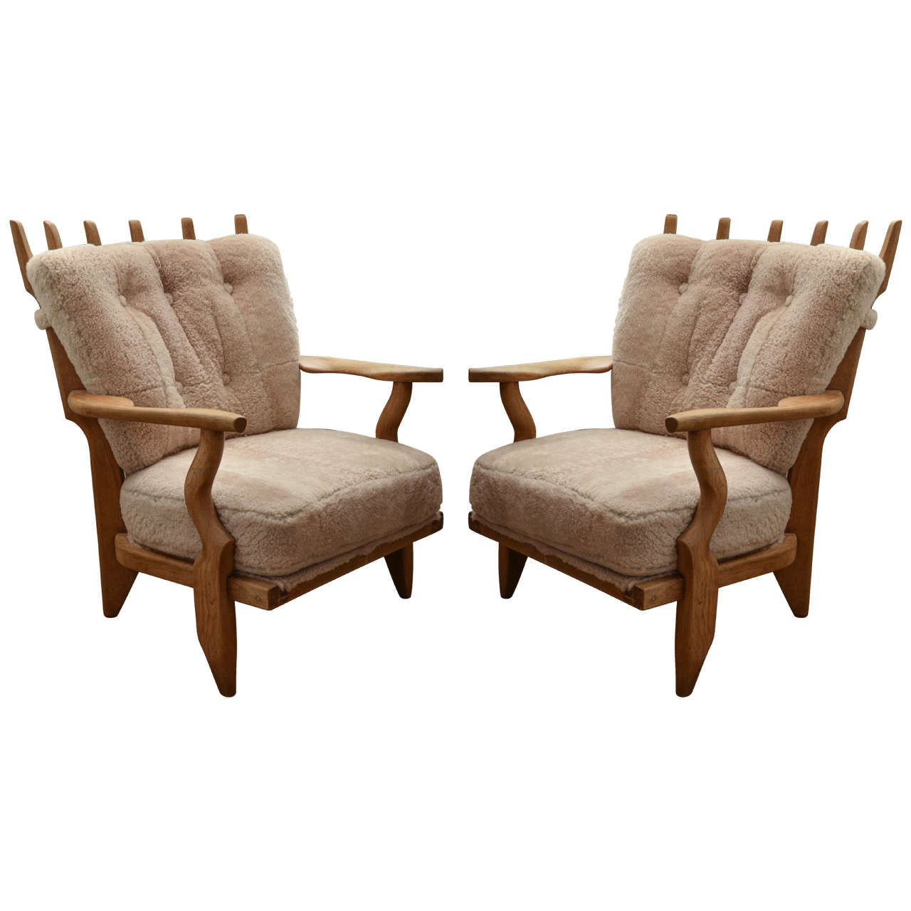 Mid-Century Guillerme et Chambron Oak Lounge Chairs in Shearling