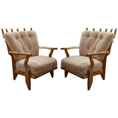 Mid-Century Guillerme et Chambron Oak Lounge Chairs in Shearling