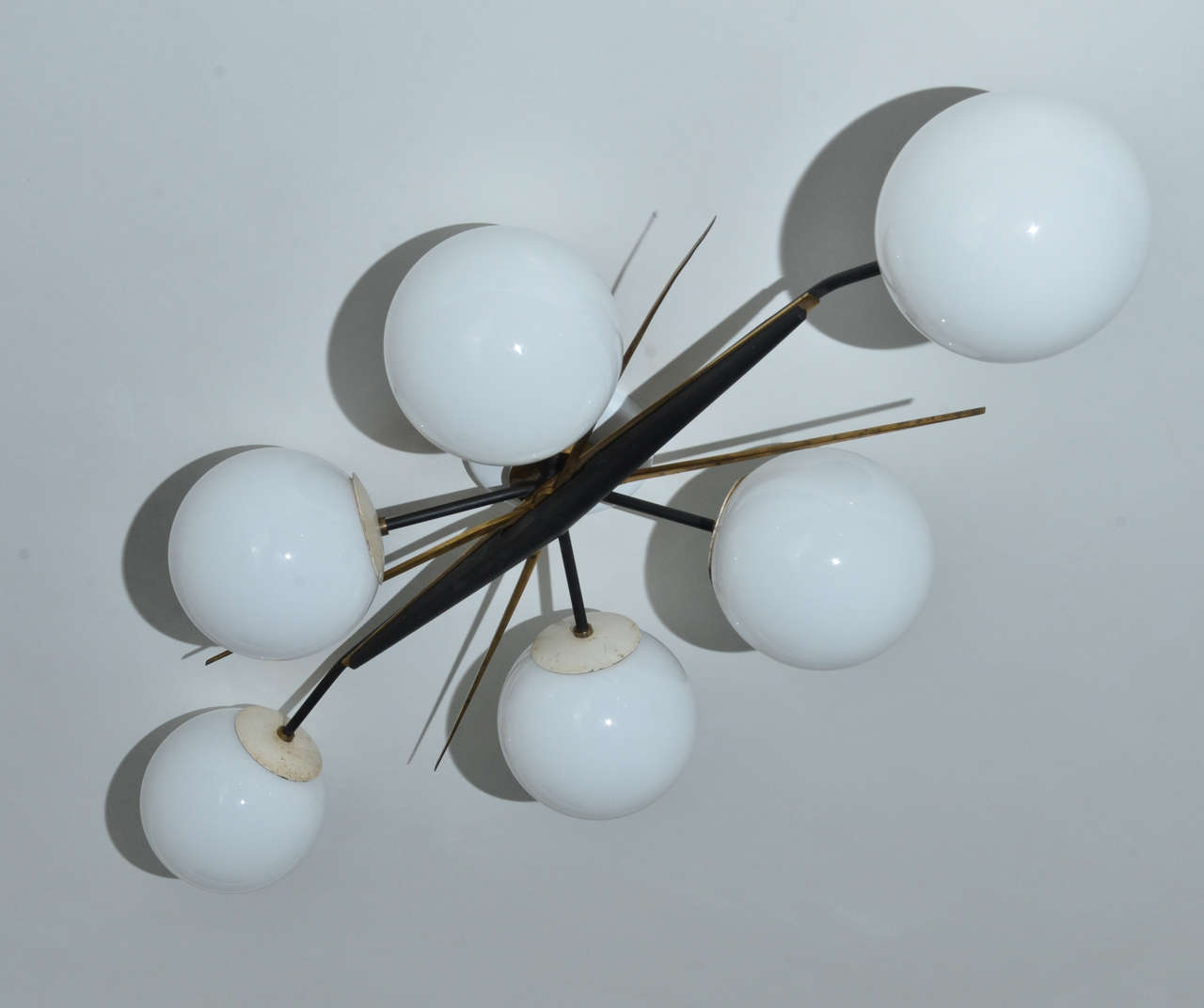 Very Interesting Mid- Century Italian Flush Mount Ceiling Light with six opaque globes and brass spikes in the style of Stilnovo