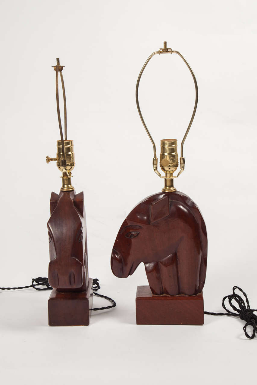 Pair of 1940s French Mahogany Equestrian Table Lamps In Excellent Condition For Sale In New York, NY