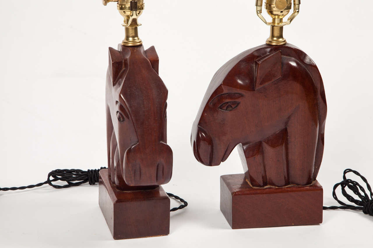 Mid-20th Century Pair of 1940s French Mahogany Equestrian Table Lamps For Sale