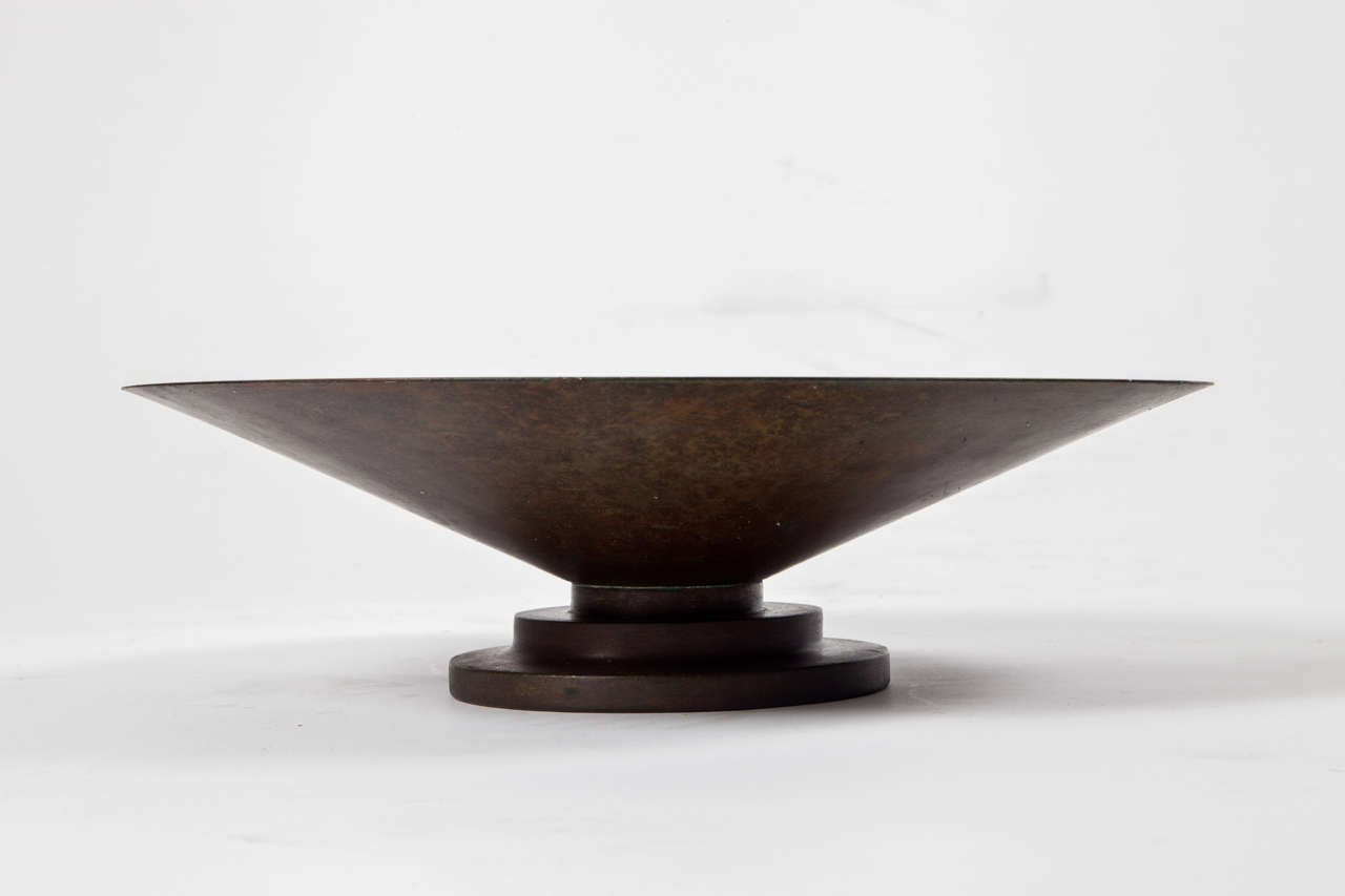 Dramatic bronze bowl by Carl Sorensen.  Sweden, circa 1940.  Beauitful verdigris patina.  Signed with stamped mark.