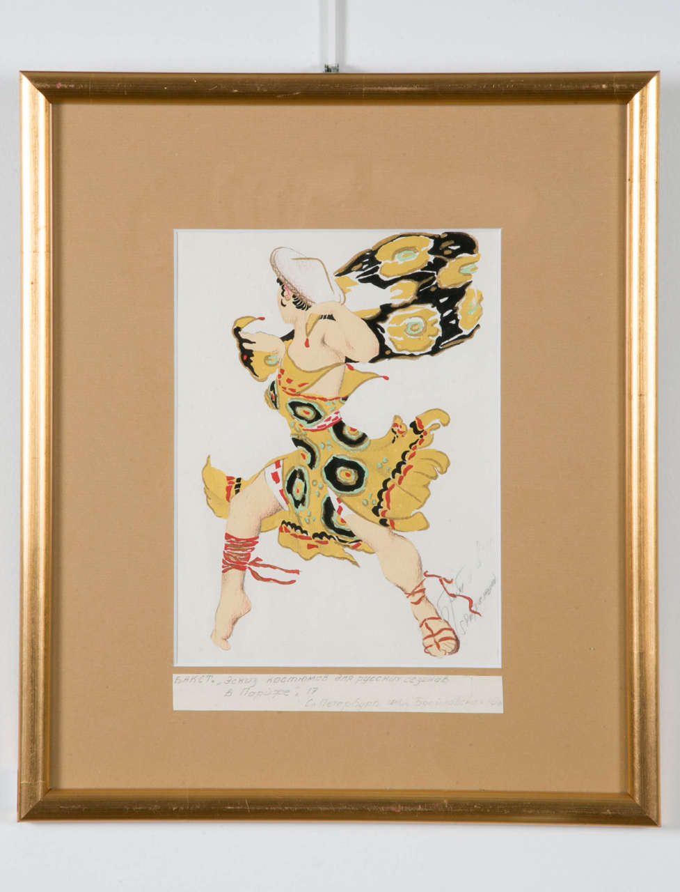 Costume sketch for the dancer Nijinsky in the role of Narcissus (Russian Ballet). Silkscreen enhanced with gold paint. Bakst mention in Cyrillic. Cyrillic headband affixed below the image.

Image dimension: 23cm x17cm
Frame dimension: 39x33cm