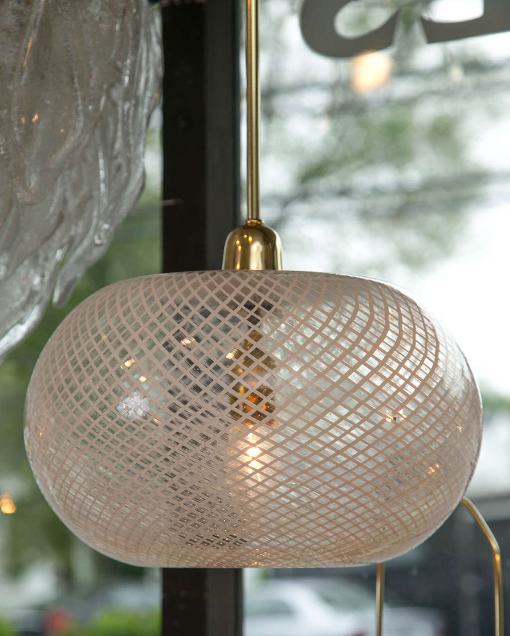 Pair of Reticello Glass and Brass Hanging Pendant Lights in the Style of Venini