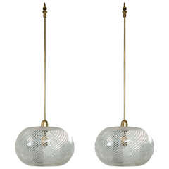 Pair of Reticello Glass and Brass Hanging Pendant Lights in the Style of Venini