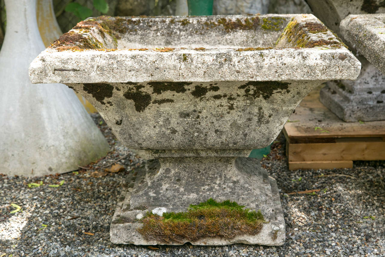 A group of five large cast stone urns originally used in the public garden in Rodez, France. They are large square from with generous planting space. Each sits on a stepped pedestal base.