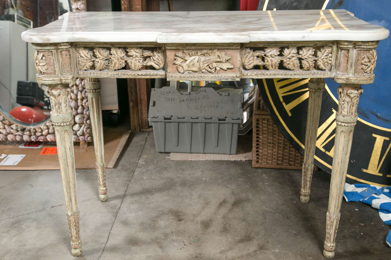 Pair of Italian Carved Wood Console Tables with Carrara Marble Tops