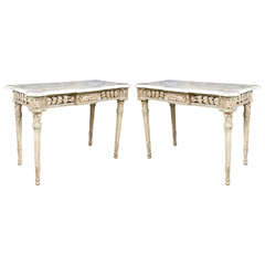 Pair of Italian Carved Wood Console Tables with Carrara Marble Tops