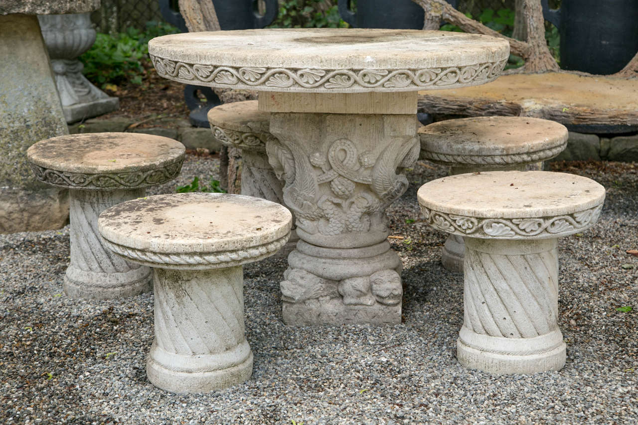 French Cast Stone Set of Five Stools and a Pedestal Table