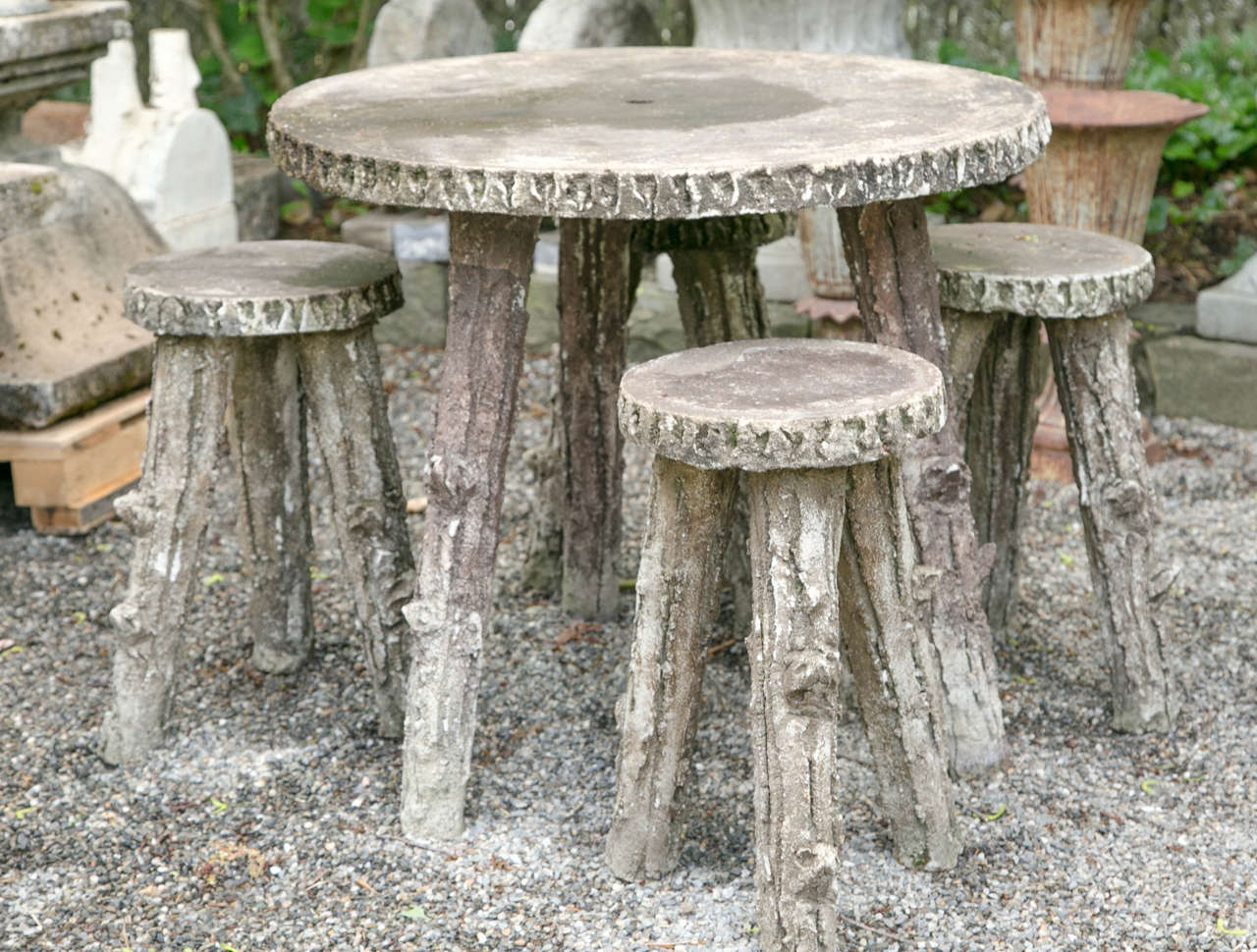 French Faux Bois Set of a Table and Four Stools