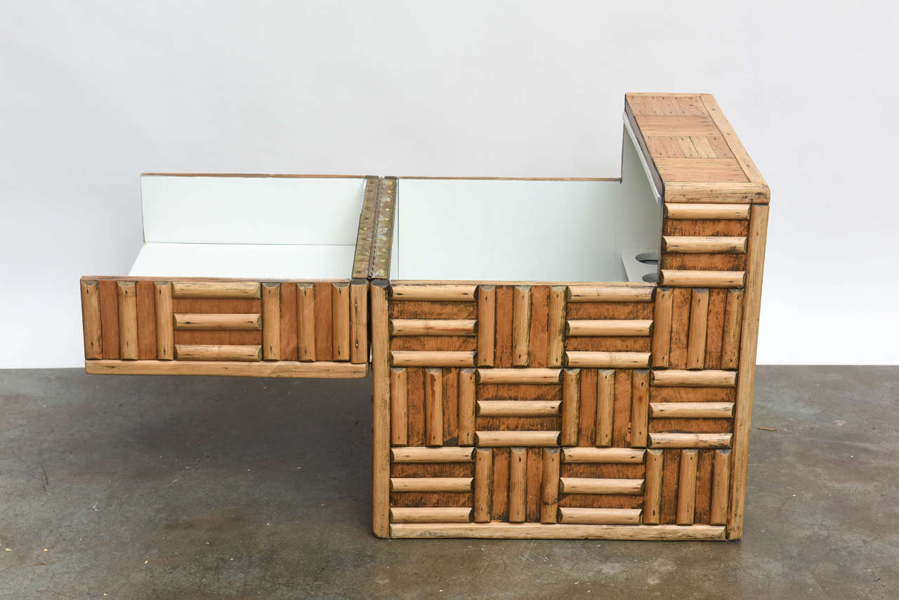 Mid-Century Modern Pair of Rattan Cube End Tables or Mini Bar Cabinets