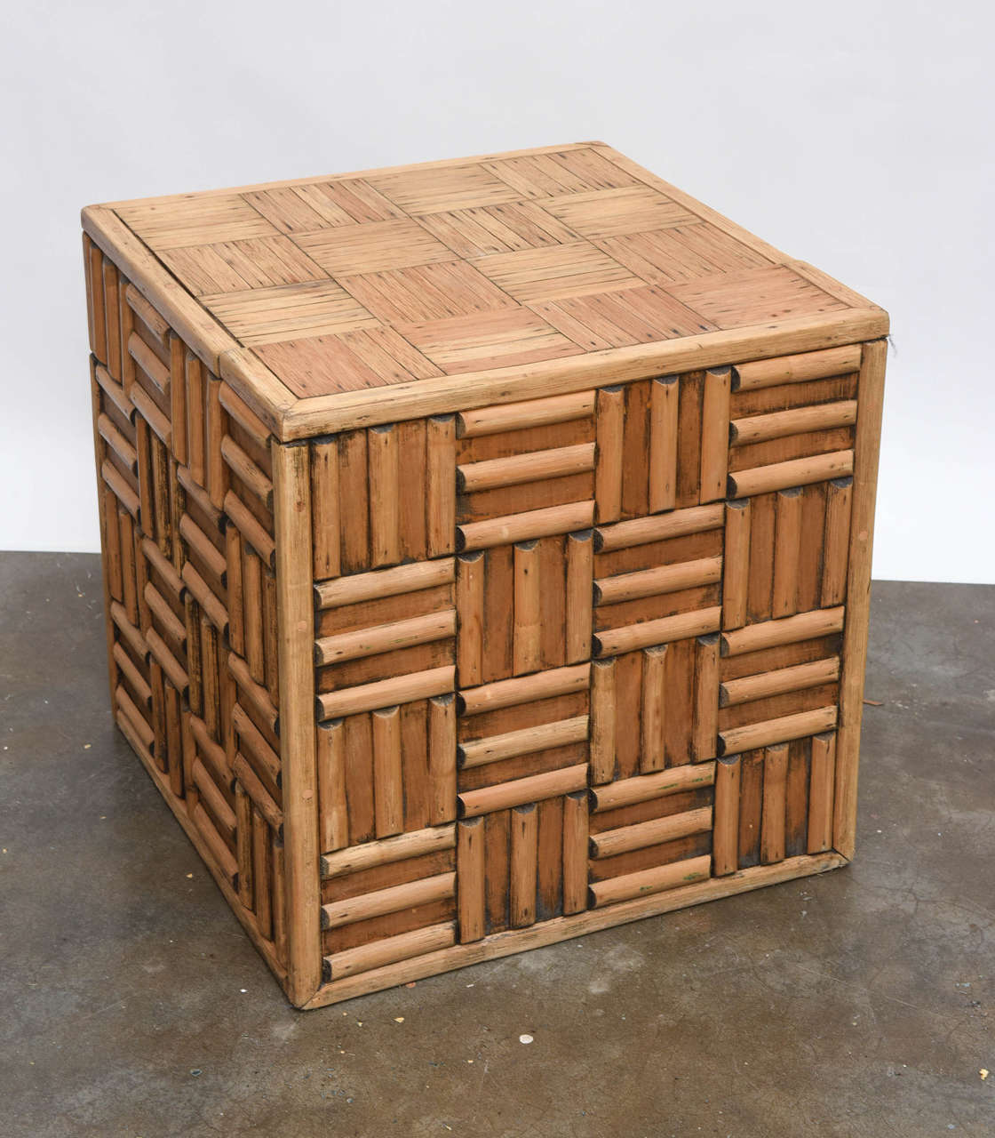 Late 20th Century Pair of Rattan Cube End Tables or Mini Bar Cabinets
