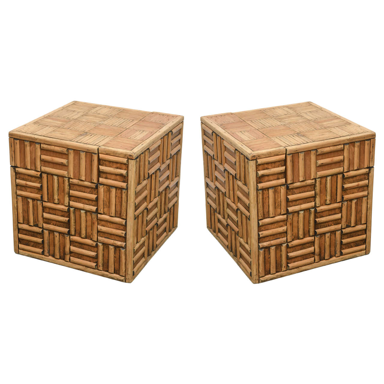 Pair of Rattan Cube End Tables or Mini Bar Cabinets