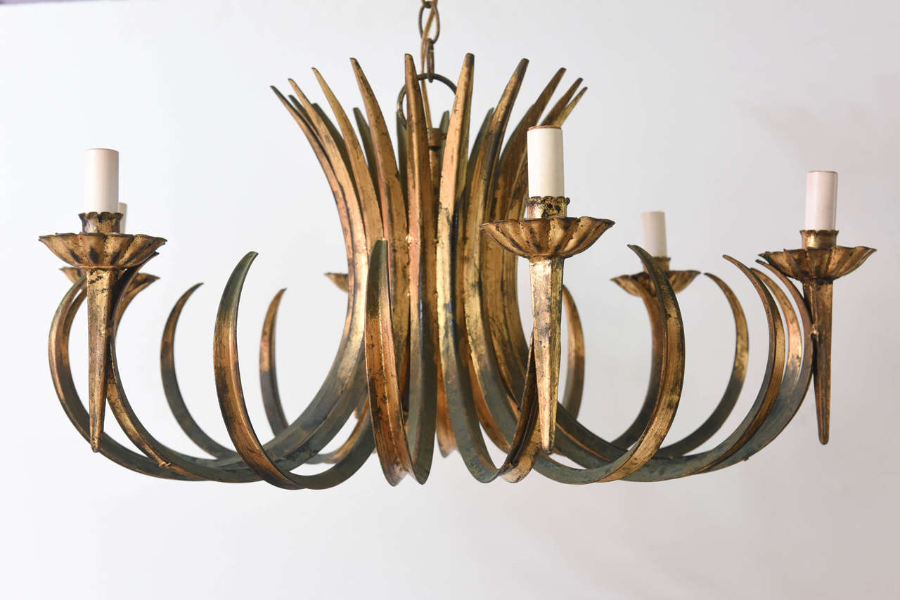 Stylish mid-century, metal gilt 'wheat' chandelier. Made in Spain.