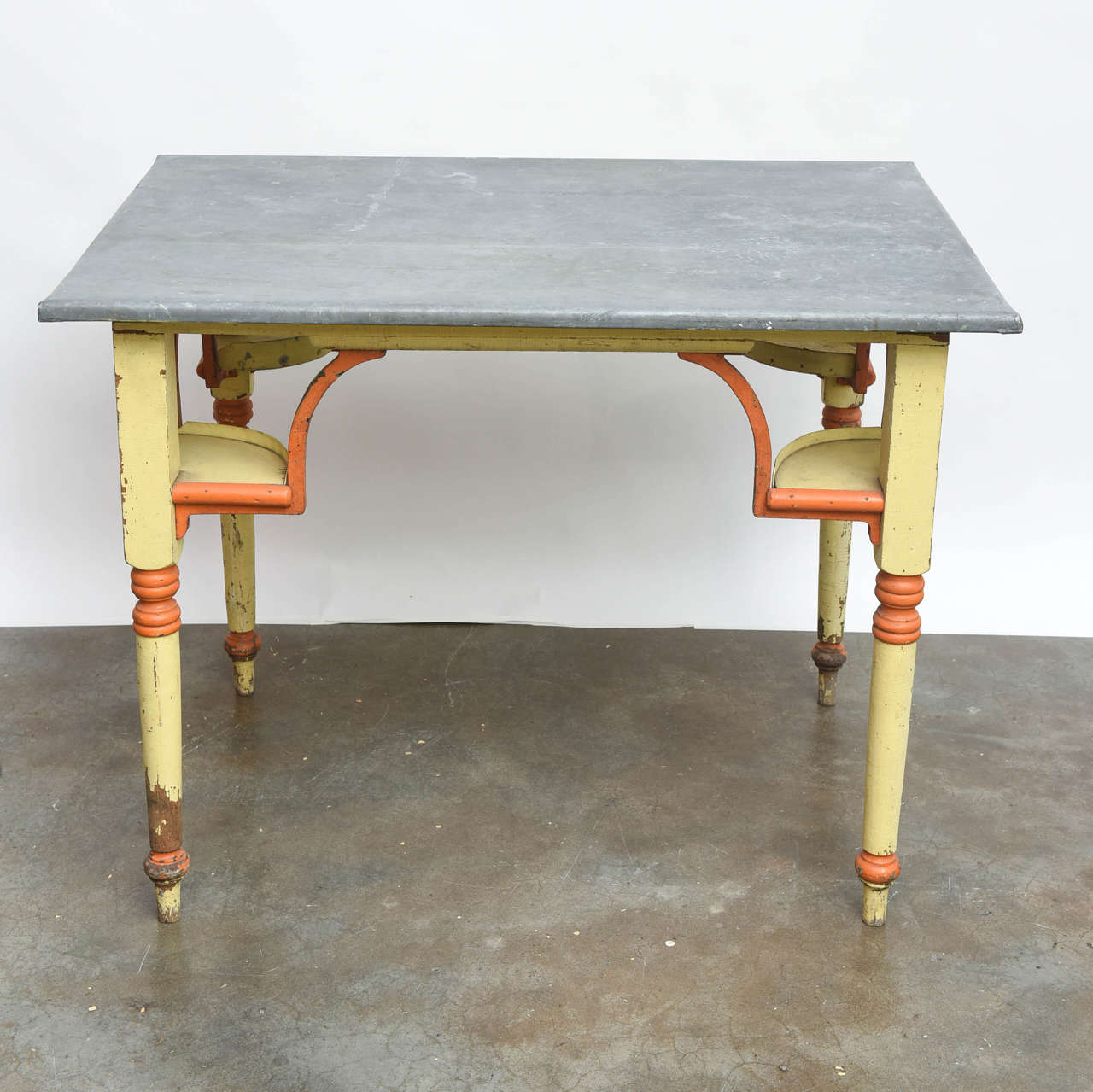 Wonderful English zinc topped tavern table with original paint.