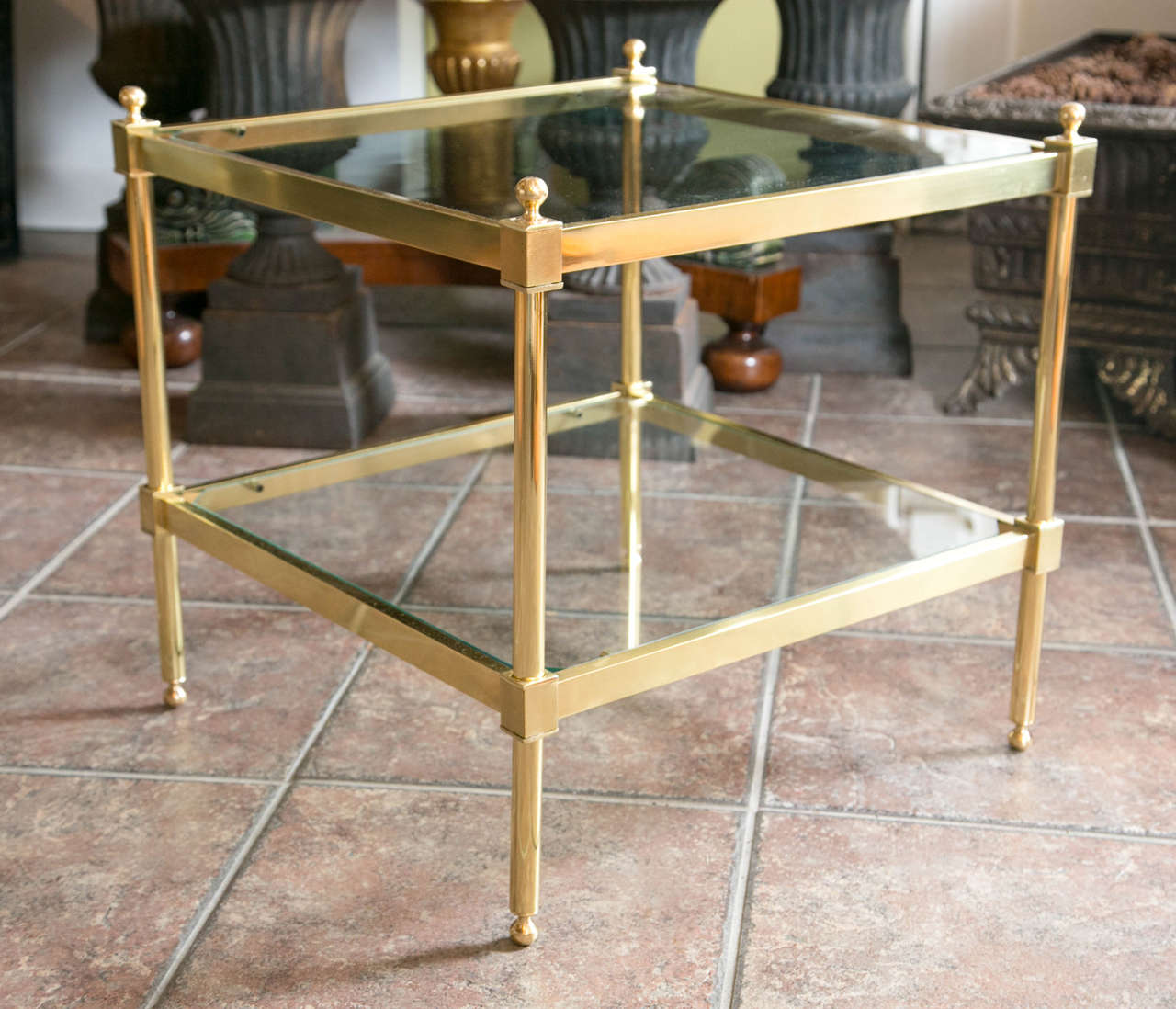 Unknown Pair of Square Brass Two-Tier Tables
