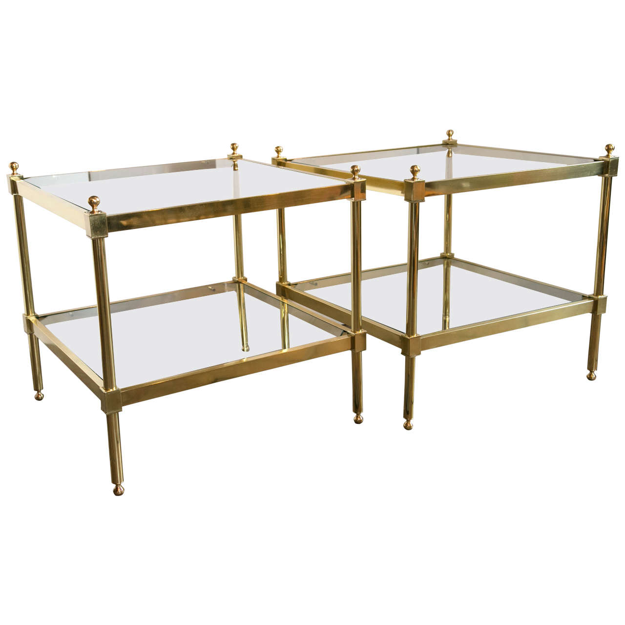 Pair of Square Brass Two-Tier Tables