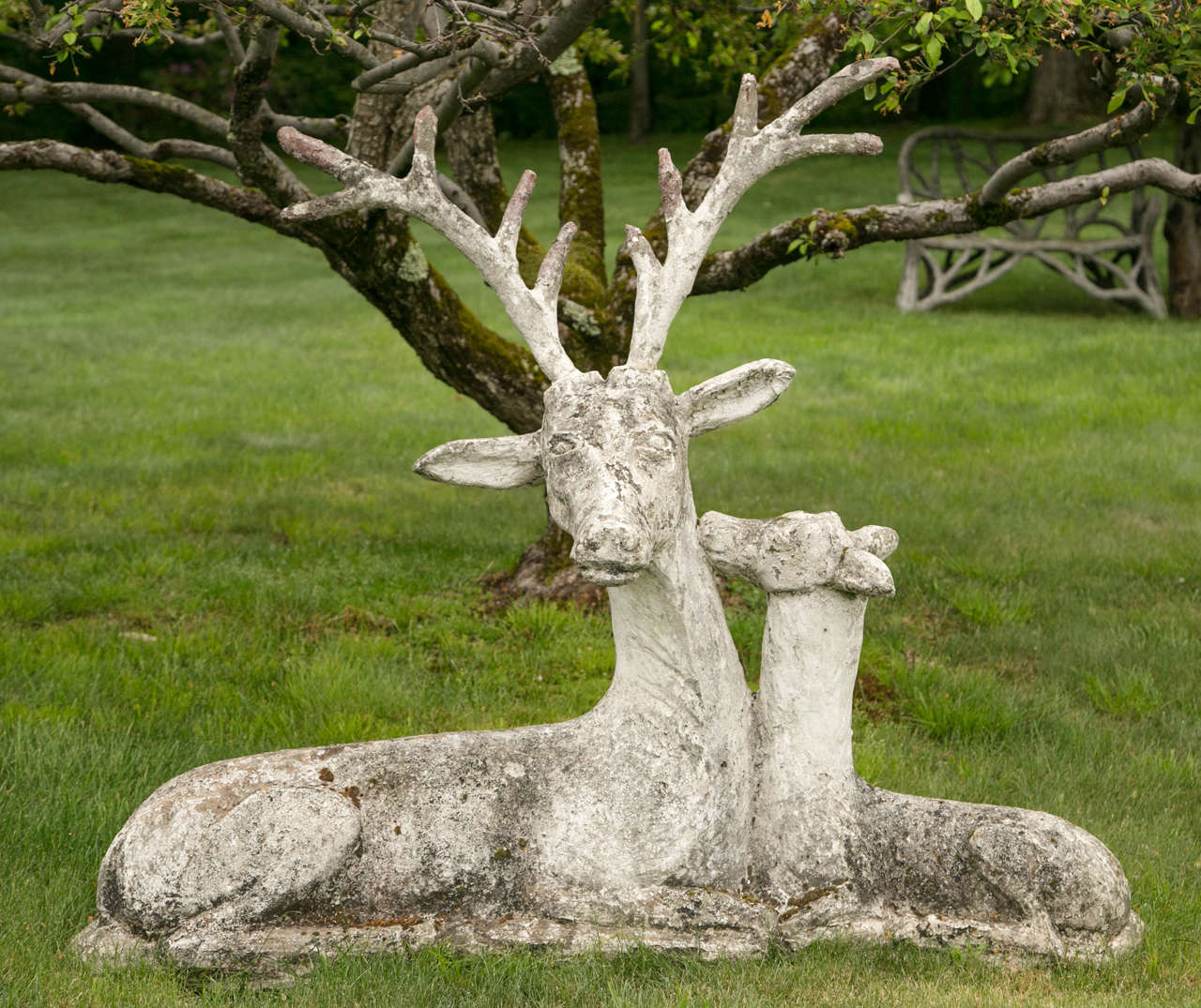 French Unique Mother Deer and Baby Doe Cement Cast Sculpture For Sale