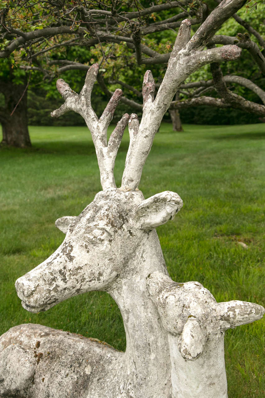 Early 20th Century Unique Mother Deer and Baby Doe Cement Cast Sculpture For Sale