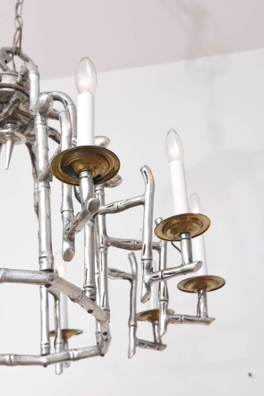 American Mid-Century Faux Bamboo Pagoda Ten-Light Oval Aluminum Chandelier: 1950