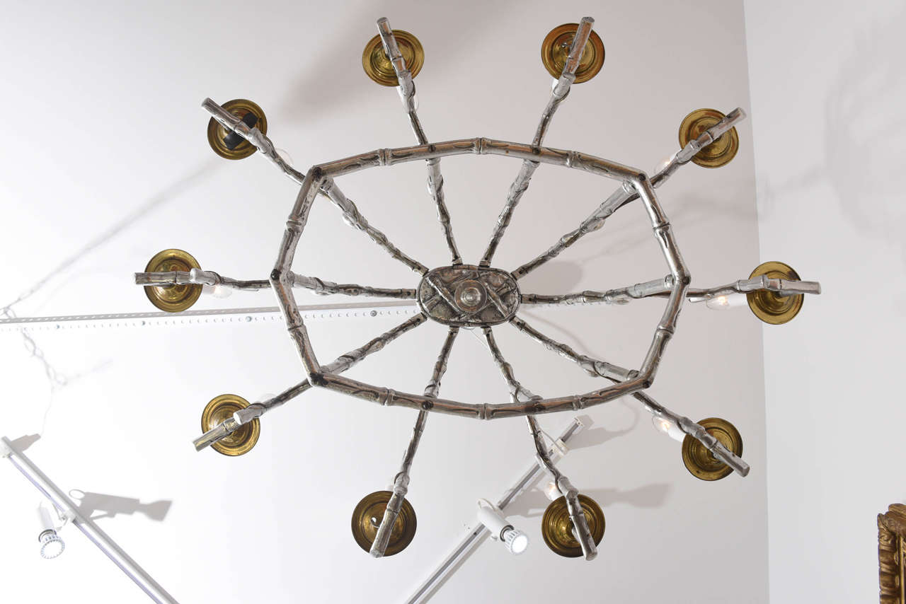 Mid-Century Faux Bamboo Pagoda Ten-Light Oval Aluminum Chandelier: 1950 In Excellent Condition In West Palm Beach, FL