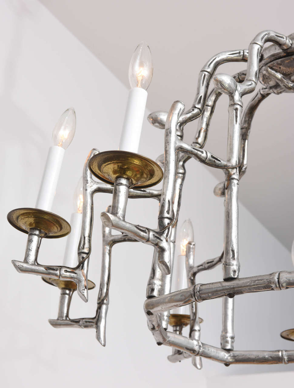20th Century Mid-Century Faux Bamboo Pagoda Ten-Light Oval Aluminum Chandelier: 1950